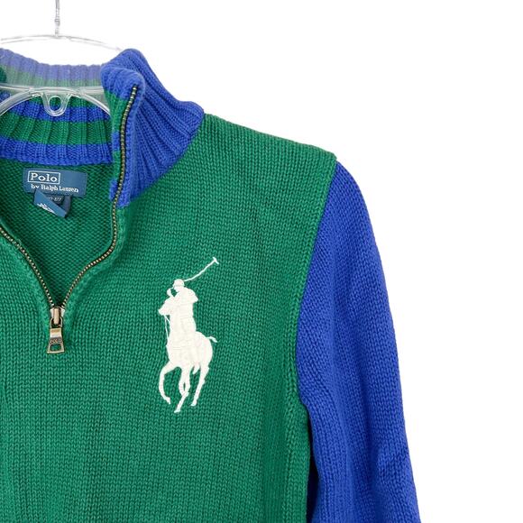 Polo Ralph Lauren Green Blue Big Pony Logo Quarter Zip Sweater Sz M Kids - Picture 2 of 6